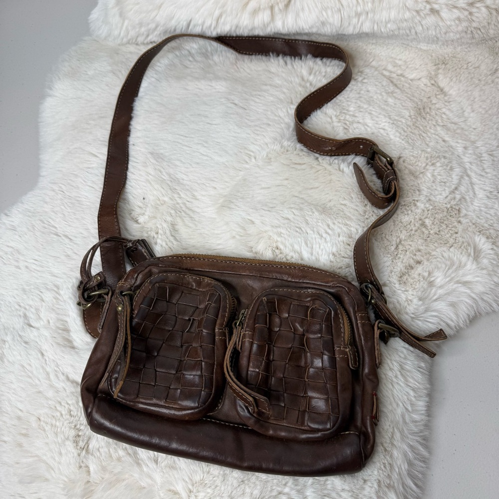 Vintage Frye Dark Brown Rich Leather Sachel‎ Bag Basket Weave Style Pockets